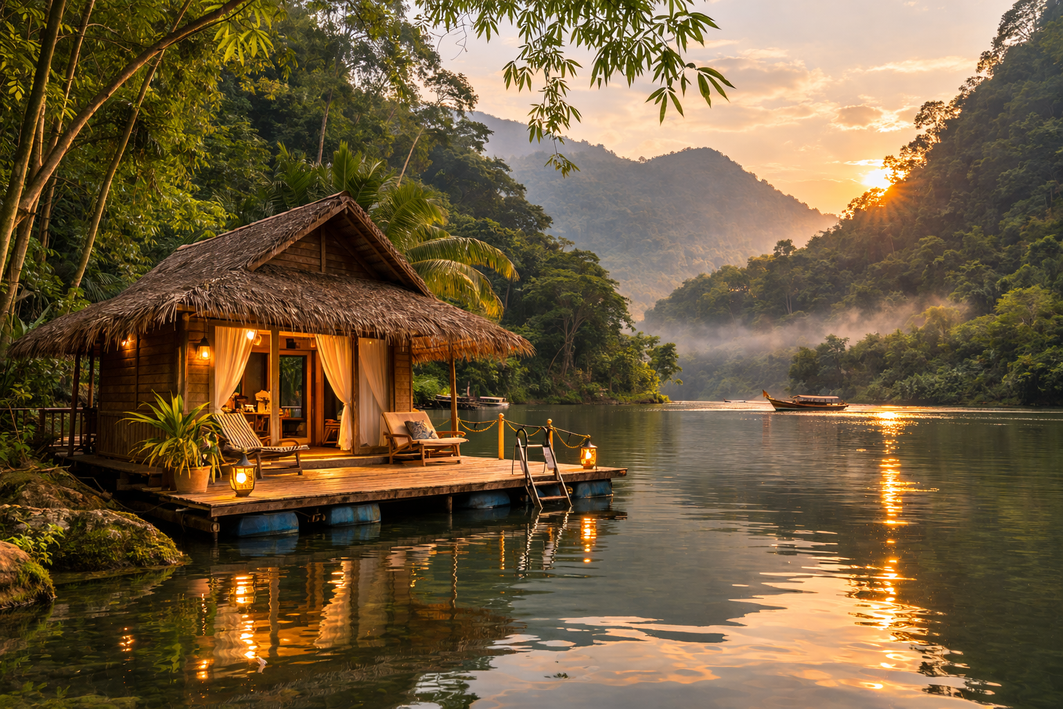 Floating raft house on calm river